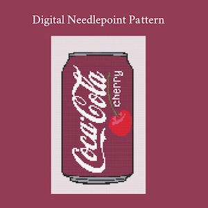 May include: A digital needlepoint pattern featuring a pixelated illustration of a maroon soda can with the white text Coca-Cola and cherry, accompanied by a red cherry graphic. The design is set against a white grid background on a maroon field.