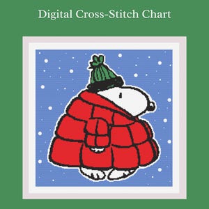 May include: Digital cross-stitch chart featuring a cartoon dog wearing a red winter coat and a green hat. The dog is set against a blue background with white snowflakes. The text "Digital Cross-Stitch Chart" is at the top.