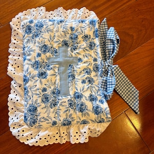 Blue Floral Quilted Bible Cover with cross appliqué and eyelet lace
