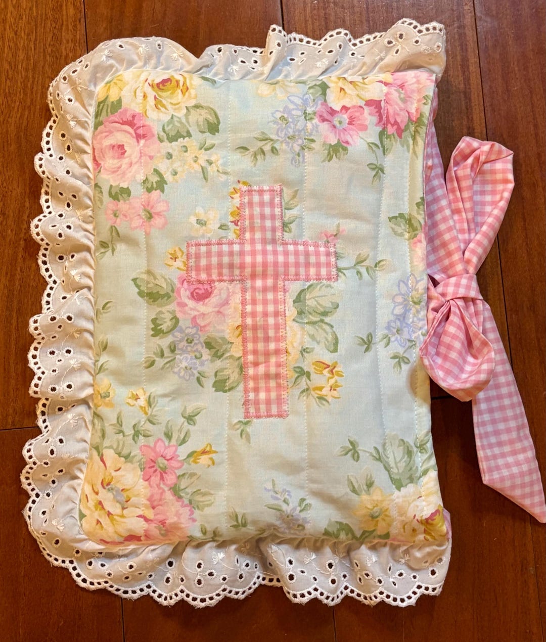 Floral Quilted Bible Cover with gingham cross appliqué and eyelet lace