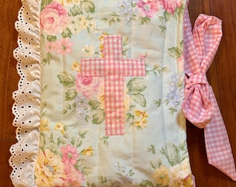 Floral Quilted Bible Cover with gingham cross appliqué and eyelet lace