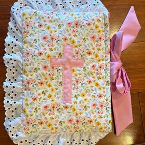 Pink Floral with bows print Quilted Bible Cover with cross appliqué and eyelet lace