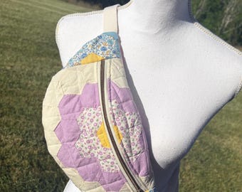 Upcycled Quilted grandmother’s flower garden Floral Fanny pack Belt Bag Crossbody Sling bag