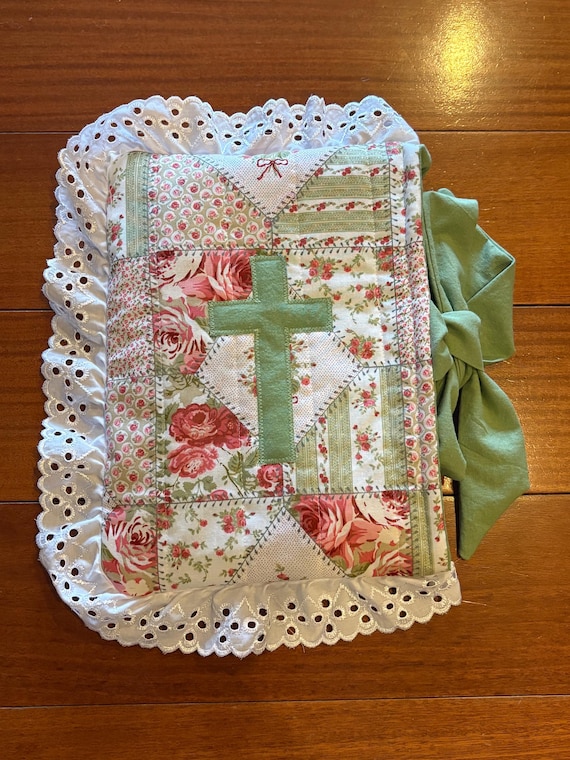 Floral Quilted Bible Cover with cross appliqué and eyelet lace