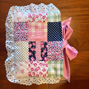 Blue and Pink Patchwork Floral Quilted Bible Cover with cross appliqué and eyelet lace