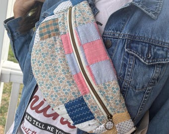 Upcycled Quilted Patchwork Fanny Pack: Adjustable Sling Crossbody Bag