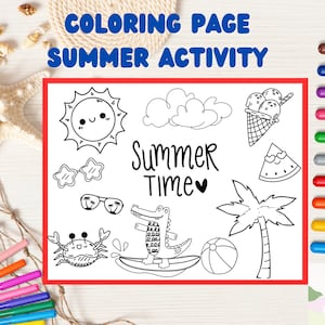 SUMMER TIME COLORING page activity for kids. Printable coloring page for summer time doodles for kids to color. download vacation activity.