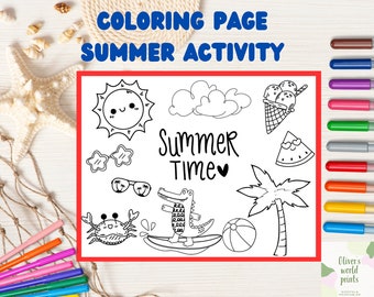 SUMMER TIME COLORING page activity for kids. Printable coloring page for summer time doodles for kids to color. download vacation activity.