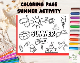 SUMMER BEACH COLORING page activity. Printable coloring page for summer time doodles for kids to color. download vacation activity for kid