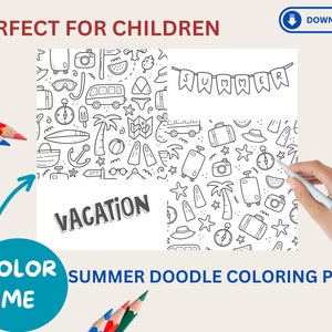 SUMMER VACATION coloring page activity. Printable page for summer time doodles for kids to color. download vacation activity page for kids.