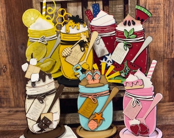 Wood Mason Jars Sign Shelf Sitters, Watermelon Decor, Lemon Decor, Tiered Tray Decor, Patriotic Decor, Strawberry Decor, Smores Decor