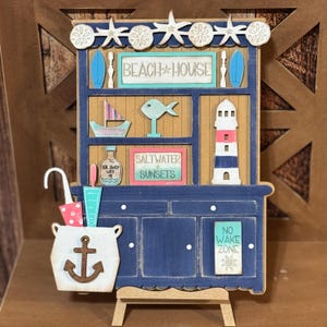 Beach Wood Sign, Mini Wood Hutch, Wood Hutch for Kitchen Decor, Decor for Plant Love, Beach Tiered Tray Decor, Beach House Decor