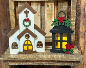 DIY Wood Church with Votive Candle, Christmas Wood Lantern with Votive Candle, Farmhouse Christmas Church and Lantern Votive Candle Holder