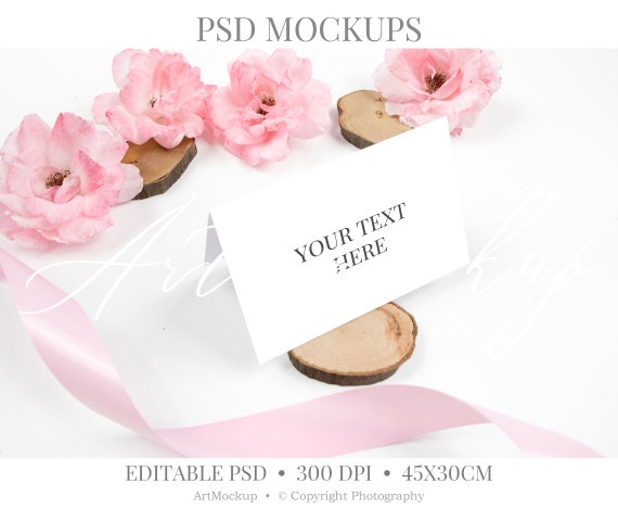Rustic Place Card Mockup Pink Blush Bloom Roses Floral
