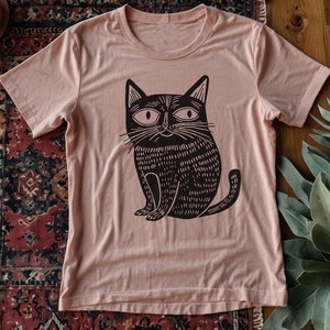 Cat graphic Unisex T-Shirt, Unique gift for Her, for him, Funny hipster, animal drawing, weird, unique, Cats, linocut style,