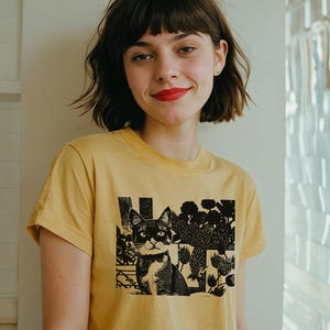 Curious Cat Shirt Unisex T-Shirt, Unique gift for Her, for him, sketch, cats, lady, drawing, weird, linocut style, block print