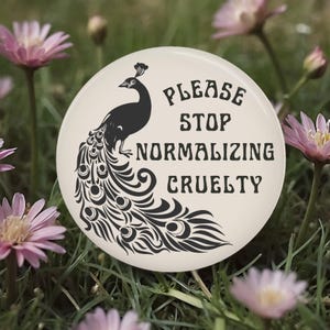 Please Stop normalizing Cruelty Button, Pin, Magnet, Peacock Resistance, Activist, Political, human rights