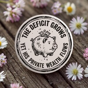 May include: A circular pinback button with a cream-colored background and black ink illustration. The design features a piggy bank with paper money and coins, surrounded by the text, THE DEFICIT GROWS YET HIS PRIVATE WEALTH FLOWS.
