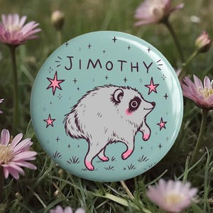 May include: A round pinback button with a light blue background featuring a gray hedgehog illustration, pink stars, and the text "JIMOTHY" in dark brown letters. The hedgehog has pink accents on its paws and cheeks, surrounded by small black crosses.