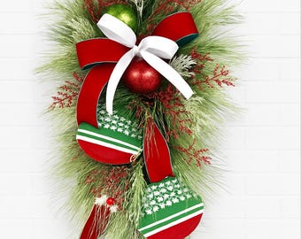 Red and Green Christmas Swag, Traditional Ornament Wreath, Elegant Holiday Decor