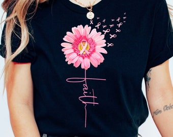 Breast Cancer Awareness Shirt, Pink Sunflower Faith T-shirt, Pink Ribbon T Shirt, Cancer Survivor Gift, Ladies Top, Women's Casual Tee