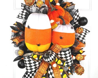 Halloween Candy Wreath, Halloween Candy Wreath, Pumpkin Wreath, Candy Corn Decor, Halloween Decor for Home, Harlequin Wreath, Mesh Wreath