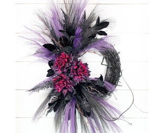 Halloween Boho Wreath, Unique Halloween Wreath, Purple Pampas Grass Wreath, Glam Halloween Decor, Halloween Grapevine Wreath For Front Door