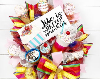 Ice Cream Cone Wreath, Sweets Wreath, Candy Wreath, Summer Wreath, Summer Decor, Life Is Better With Sprinkles Wreath, Front Door Wreath