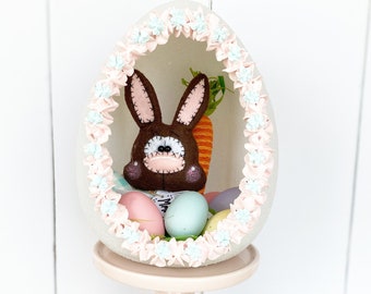 Chocolate Bunny Sugar Egg Centerpiece, Easter Bunny Arrangement, Egg Diorama, Easter Party Decor, Panoramic Sugar Egg, Bunny Peek A Boo Egg