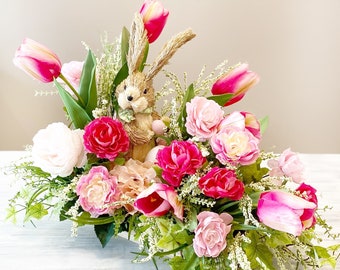 Easter Bunny Centerpiece, Easter Arrangement for Foyer Table, Spring Mantel Decor, Buffet Table Decor, Tulip Centerpiece, Spring Decor