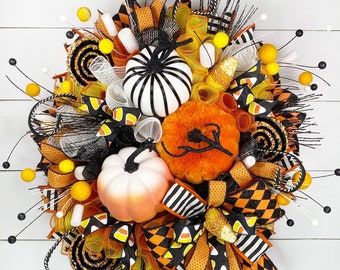 Candy Corn Wreath, Halloween Deco Mesh Wreath, Kid Friendly Halloween, Candy Corn Decor, Halloween Party Decorations, Pumpkin Wreath