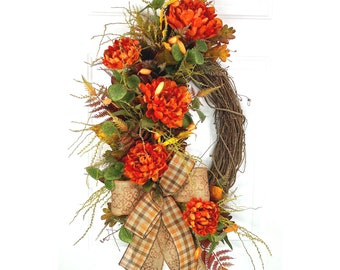 Autumn Floral Wreath for Front Porch Fall Home Decoration Wreath With Orange Peony Grapevine Wreath Fall With Burlap Bow Fall Decor Outdoor