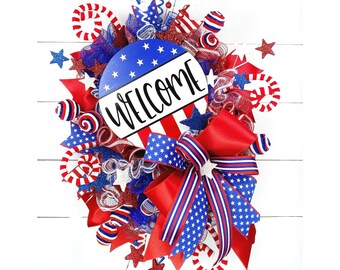 Independence Day Decor, 4th of July Party Decor, Patriotic Wreath with Welcome Sign, Red White and Blue Wreath, Stars and Stripes Wreath