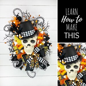 Halloween Skull Wreath Step by Step Video Tutorial, DIY Halloween Wreath, Do It Yourself Halloween Deco Mesh Wreath, How to Wreath Guide