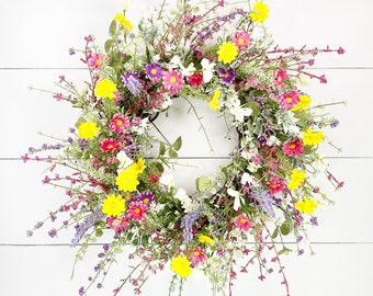 Colorful Spring Wreath, Garden Wreath, Wildflower Wreath, Mother's Day Gift, Outdoor Spring Door Wreath, Summer Home Decor, Flower Decor