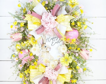 Happy Easter Wreath, Pink and Yellow Easter Wreath, Front Door Wreath, Bunny Wreath, Easter Porch Decor, Floral Wreath, Wreath with Flowers