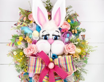 Easter Wreath With Bunny and Flowers, Easter Party Decorations, Easter Decor, Easter Bunny Wreath, Bunny Head Wreath, Porch Decor Ideas
