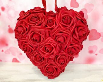 Red Rose Heart, Wreath Attachment, Valentine's Day Wall Hanger, Valentine Heart, Small Rose Heart Wreath, Bridal Shower Decor, Wedding Decor