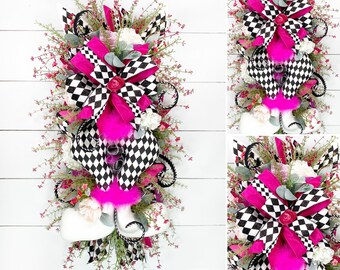 Easter Bunny Swag for Front Door, Bunny Wreath for Easter, Bright Pink Easter Decor, Whimsical Spring Decor, Gift for Mom, Floral Wreath