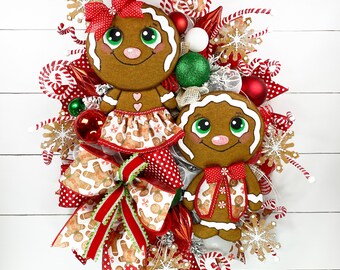 Gingerbread Wreath Christmas, Gingerbread Decor for Christmas, Red and White Outdoor Christmas Decorations, Christmas Wreath for Front Door