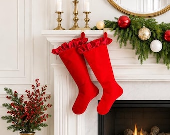Red Velvet Christmas Stocking for Fireplace Mantle by D Stevens