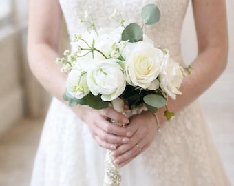 Silk Wedding Bouquet, Artificial White Flowers for Bridal Shower