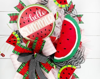 Summertime Wreath, Kitchen Decor, Hello Summer, Watermelon Wreath with Welcome Sign, Summer Wreath, Summer Porch Decor, Pink Melon Wreath