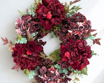 Hydrangea Wreath, Fall Grapevine for Front Door, Autumn Home Decor