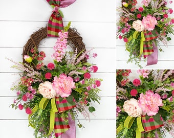 Spring Grapevine Wreath, Spring Florals, Colorful Wreath for Summer Porch, Peony Wreath, Pink Flower Wreath, Door Decor, Mother’s Day Gift