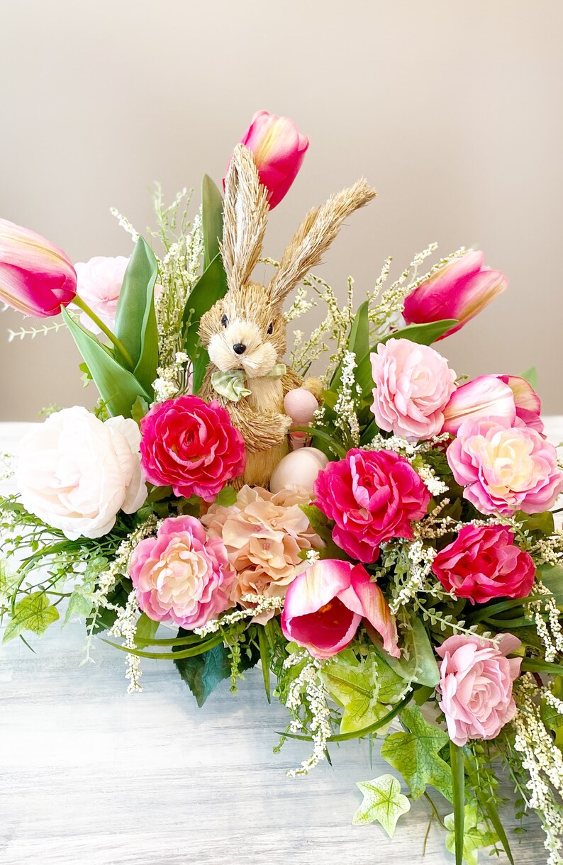 Easter Bunny Centerpiece, Easter Arrangement for Foyer Table, Spring Mantel Decor, Buffet Table Decor, Tulip Centerpiece, Spring Decor image 2