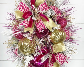 Christmas Gem Wreath for Front Door, Pink and Gold Leopard Wreath, Winter Decor, Outdoor Christmas Decorations, Valentine's Day Wreath