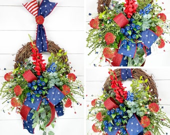 4th of July Grapevine Wreath, Patriotic Decorations, July 4th Party Decor, Red White Blue Floral Wreath, USA Wreath, Americana Home Decor