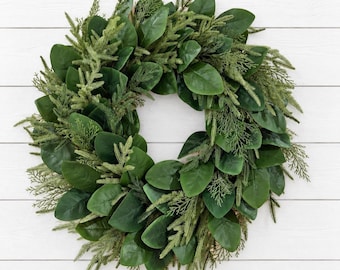 Magnolia & Mixed Evergreen Wreath, Winter Greenery Wreath