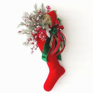 Red Velvet Stocking Wreath, Elegant Christmas Decor, Front Door Hanger